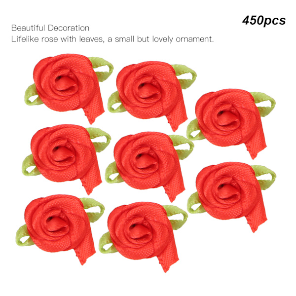 450 st mini bandros dekoration rosett blomma med blad prydnad för DIY sömnad hantverk röd