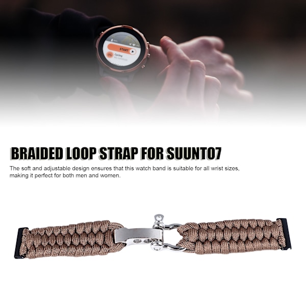 Ersättningsflätat klockarmband för Suunto7, andningsbart mjukt legeringsspänne, flätad ögla, armbandsrem 24mm Brun
