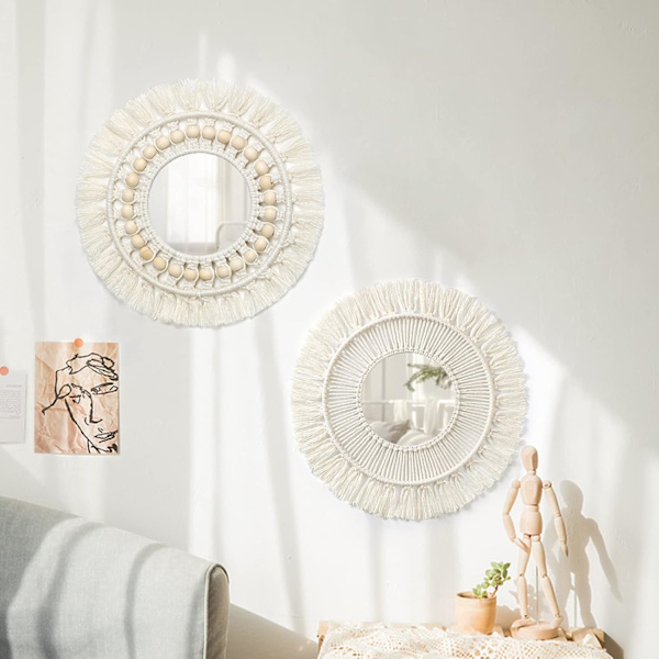 2-pack Macrame väggmonterad spegel med vävd frans Boho rund dekorativ spegel för lägenhet sovrum vardagsrum heminredning vit 2