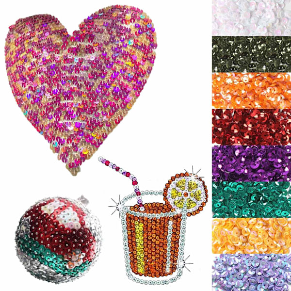 Regnbågsrunda broderipaljetter, hexagonal form (imitation av fiskfjäll) ger ett distinkt utseende, slät yta med livfulla färger för A