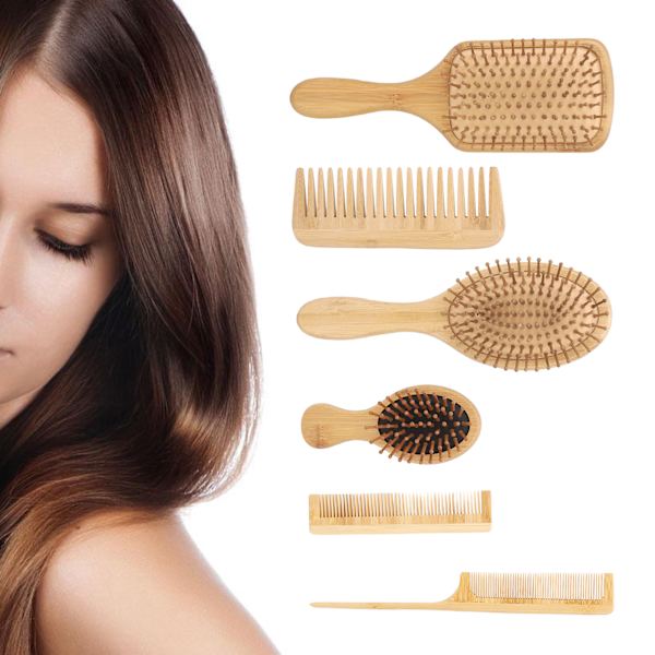 6 st kammar hår skägg frisör luftkudde trasselborste bambu set kit för hem salong