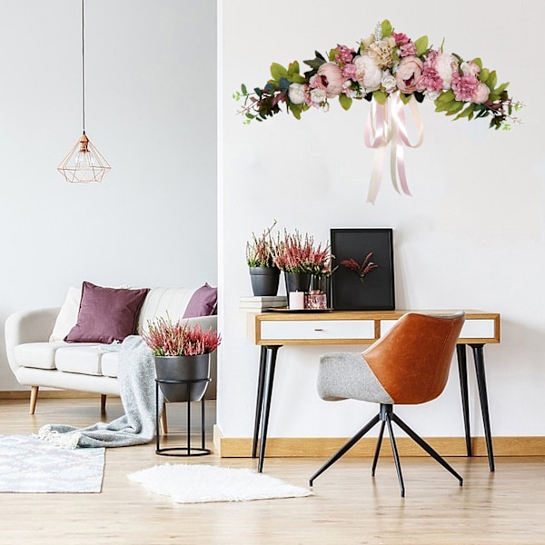 Konstgjord rosblomstergirlang, gröna blad och sidenband för bröllopsbåge ytterdörr väggdekor
