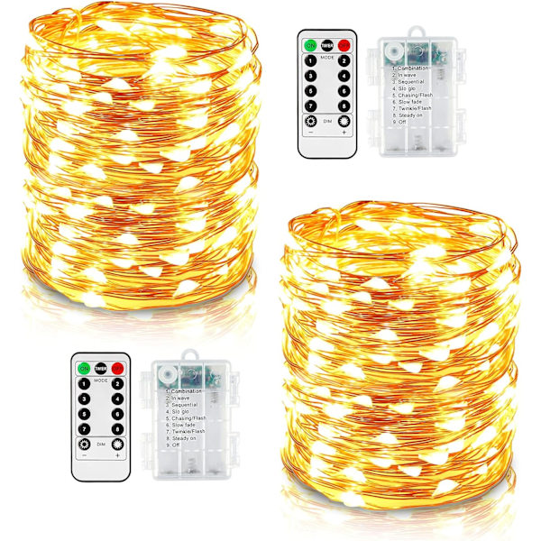 2-pack LED-ljusslingor 10m 100 8 lägen utomhusbelysning koppartråd batteridriven IP67 vattentät med fjärrkontroll och timer för utomhus,