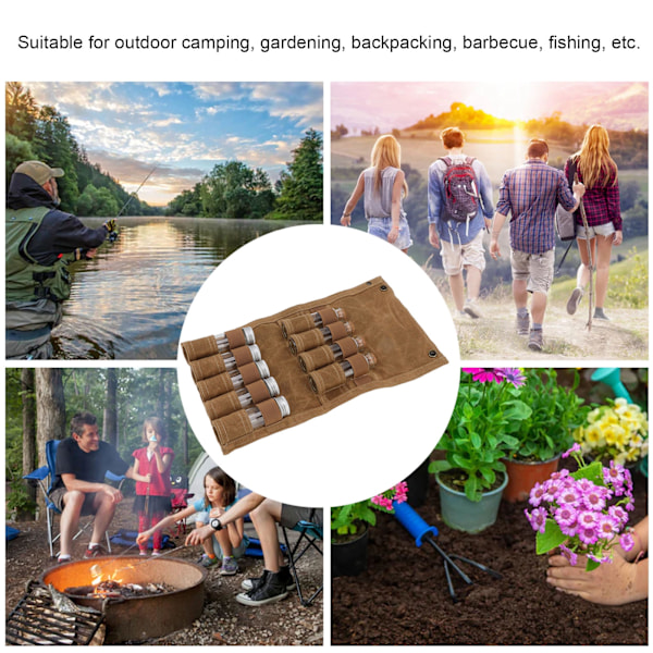 Kryddflaskeväska Våtvaxad canvas Bärbar kryddförvaringsväska med 9 glas kryddflaskor för utomhuscamping Khaki