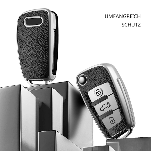 Nyckelskydd lämplig för Audi, bilnyckelskydd för A1 A3 A4 A6 Q3 Q5 Q7 S3 R8 TT silikon TPU läderstruktur skyddande fodral (Silver Leather)