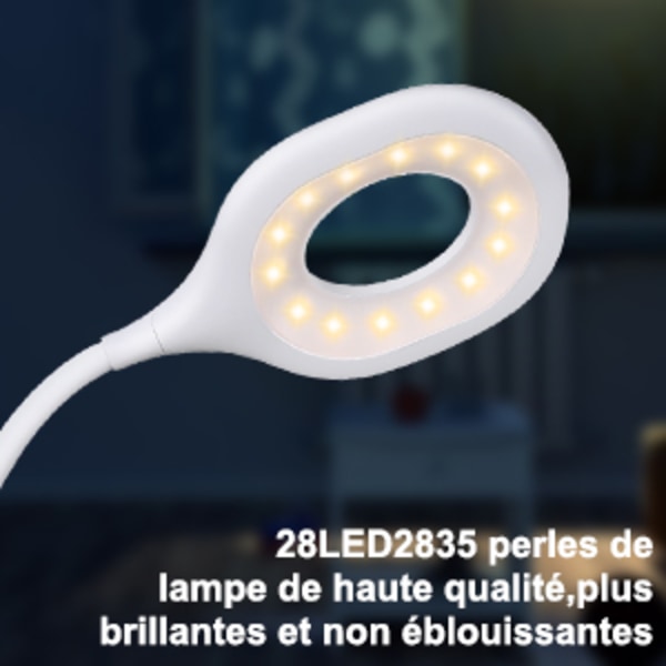 LED-skrivbordslampa klämlampa, 28LED-skrivbordslampa, med tre belysningslägen steglös dimning sänglampa boklampa (vit), klämlampa med 1 USB-laddningsport