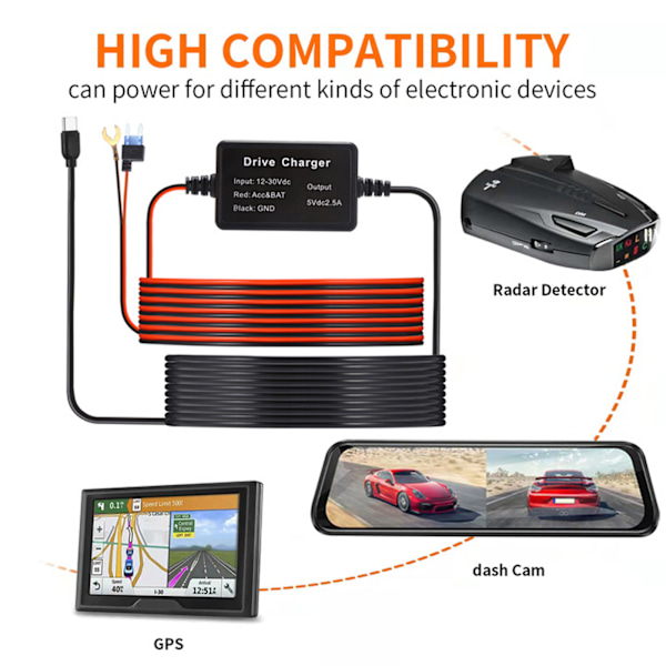 Dashcam Hardwire Kit 12V 30V till 5V Lågspänningsskydd USB Typ C Hard Wiring Kit för GPS Strömförsörjning Radar Detektorer
