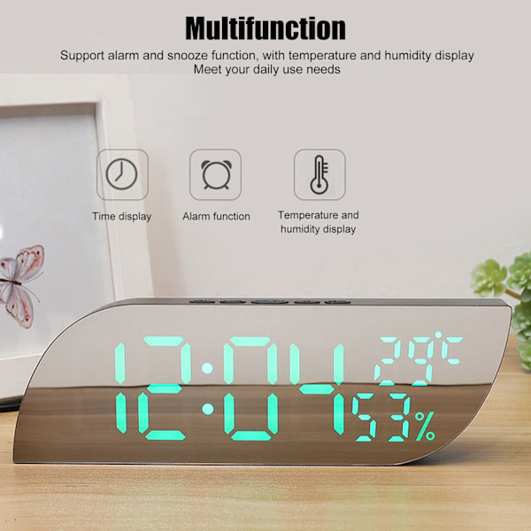LED Spegel Elektroniska Klockor 12H 24H Display Intelligent Ljussensor Modern Elektronisk Klocka Digital Väckarklocka för Sovrum Grön