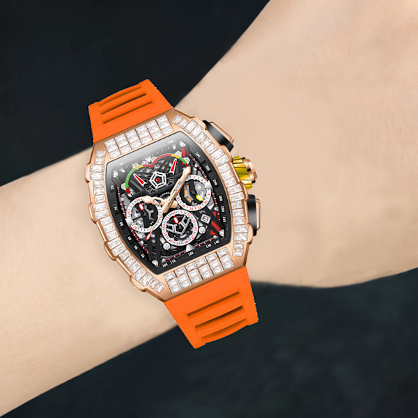 Analog Quartz Armbandsur 30m Vattentät Silikonrem Multifunktionell Quartzklocka för Män Rosorange