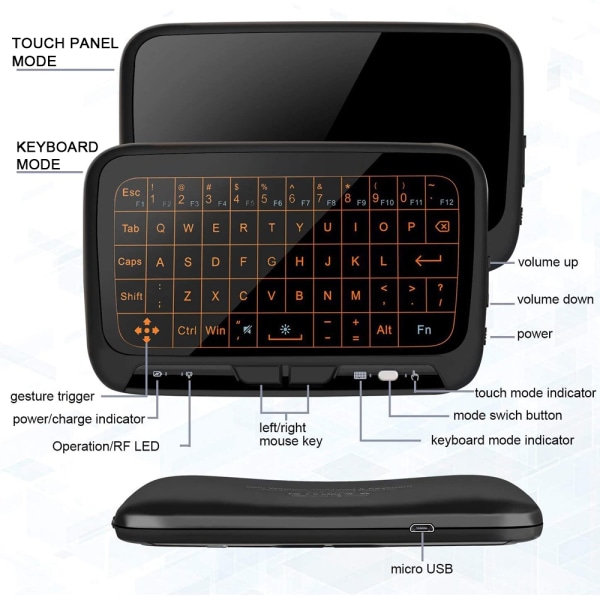 Trådlöst tangentbord och pekplatta muskombination, 2,4 GHz trådlöst fullskärm extra stor pekzon för Android TV Box, HTPC, IPTV, PC, PS3 (bakgrundsbelyst)