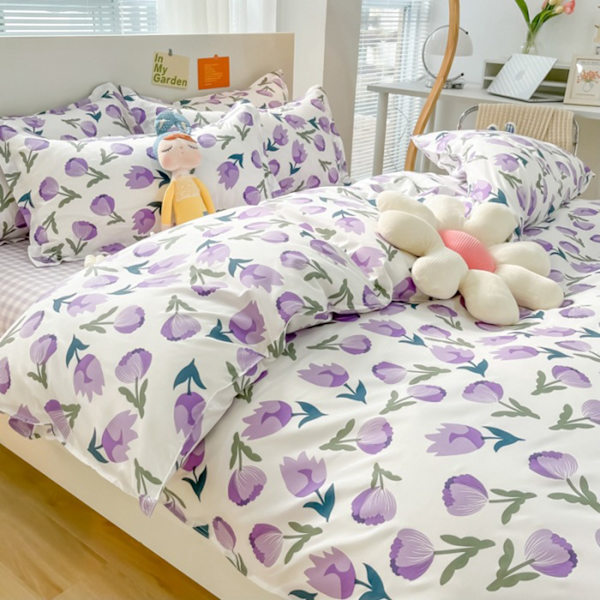 Hemma Sängset 3-delat Tjockare Borstad Enkel Stil Andningsbar Hudvänlig Bomulls Bedding Comforter Set Lila Blomma 1,2m (4ft) Säng