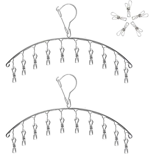 2-pack rostfria galgar med 10 vindtäta avloppsklämmor för torkning av strumpor, babykläder, tygblöjor, behåar, handdukar, underkläder, halsdukar,