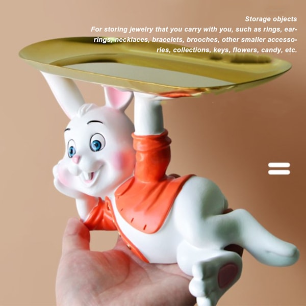 Kaninplatta bricka söt liten harts kanin staty smyckeskrin med rostfritt stål rektangulär platta för display förvaring orange