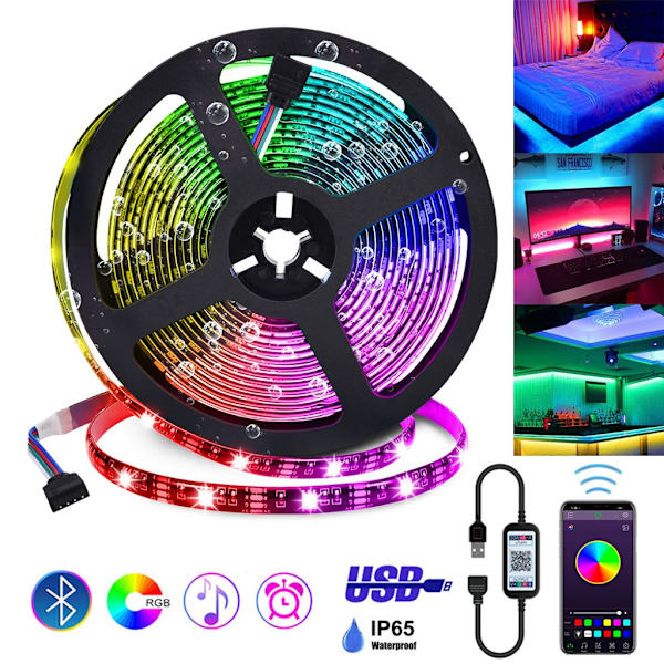 Smart Bluetooth LED-remsa RGB 60 lysdioder/m Vattentät USB-musiksynkroniseringsljusremsa TV-bakgrundsbelysningsremsa Ljusremsa, 5m