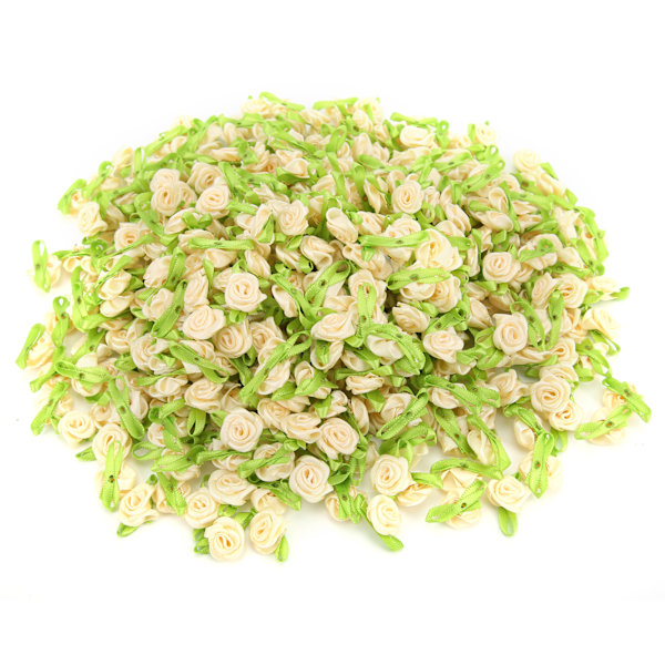 450 st mini bandros dekoration rosett blomma med blad prydnad för DIY sömnad hantverk beige