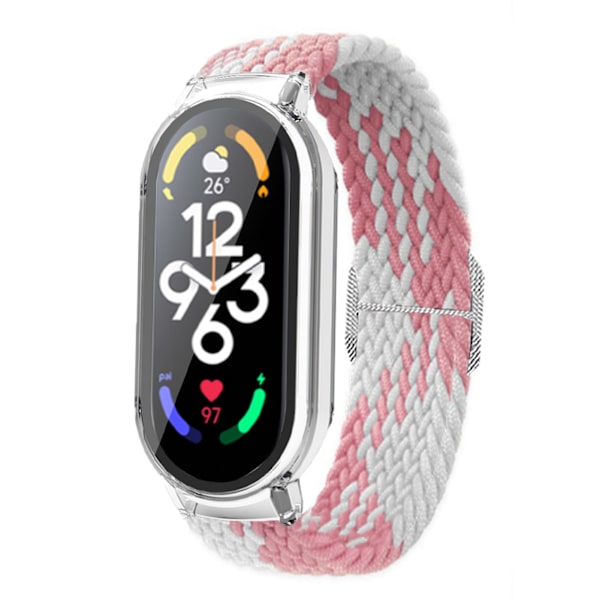 Mjuk nylonflätad klockarmband med stötfångarskydd skärmskyddsaccessoar passar för Mi Band 7 rosa vit och transparent fodral
