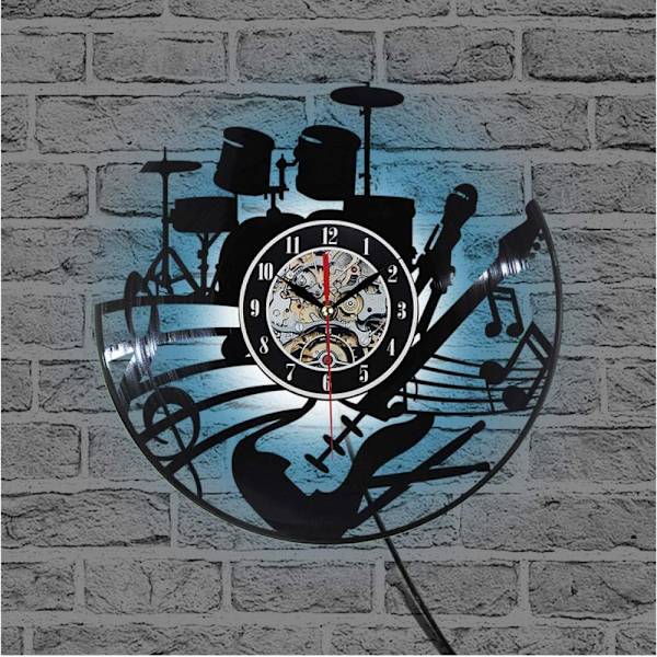 Musikgitarr Vinyl Record Väggklocka Modern Design Kreativ Väggkonst Vardagsrum Sovrum Dekoration Klocka med LED 12 Tum