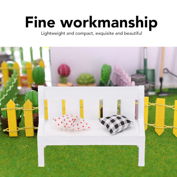 Miniatyrdocka trädgårdsbänk dockhus trä soffa bänk leksak med kuddar för DIY