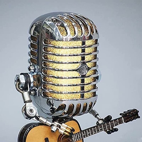 Unik Mikrofon Robot Lampa, Metall Mikrofonrobot med Mini Gitarr, Retro Metall Industriell Stil Skrivbordslampa för Heminredning, Justerbara Leder för