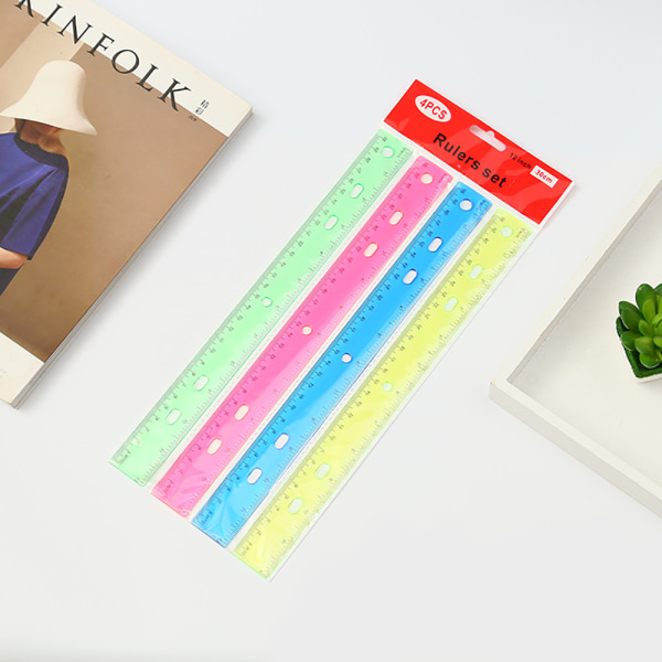 Joefnel 4 st 12-tums linjaler i plast, transparenta färger, skolmaterial för barn.