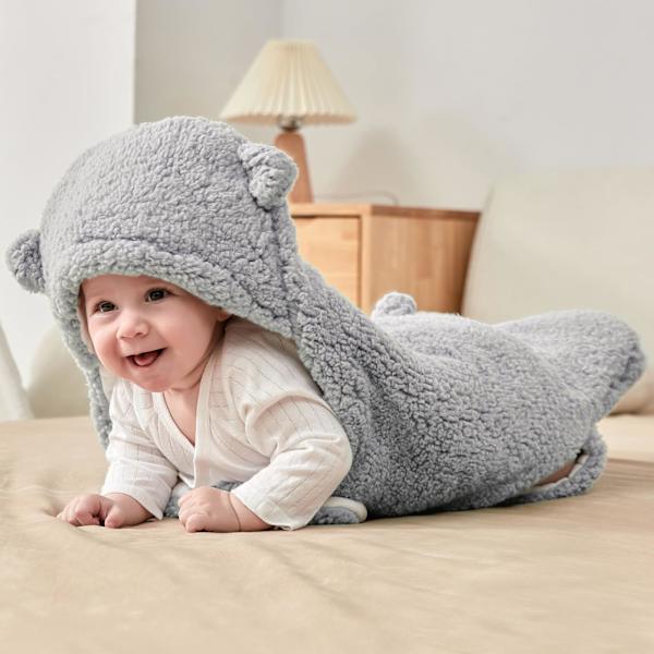 Teddy sovsäck baby, 2.0 Tog nyfödd mjukfodrad svep säck justerbar sovsäck filt för spädbarn bebisar nyfödda unisex baby grå M (3-6