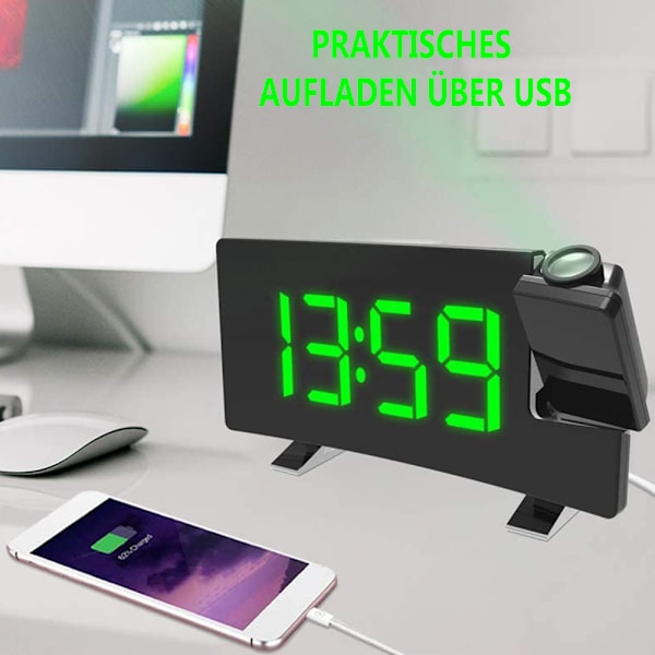 Projektionsväckarklocka, digital väckarklocka med projektion, radioväckarklocka med USB-port, dubbel alarm, 5 alarmtoner med 3 volymer, 0-100%