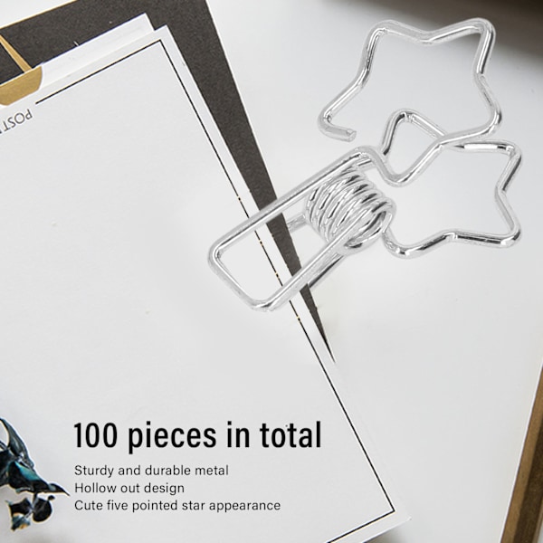 100 stjärnformade klämmor i ihålig design, starka klämmor, små pappersklämmor för dokument, kläder, papper, silver