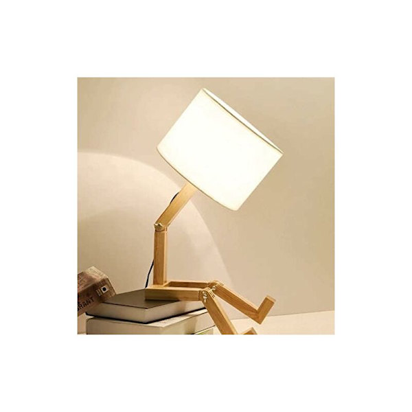 LED Nordisk Träbordslampa Kreativ Ledrobotdocka med Vit Tygskärm med Bokhylla för Unga Barns Sängbord Studie Sovrum