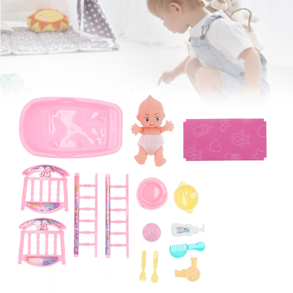 Baby Doll Säng Set med Dockbad Badtillbehör Baby Dolls Presentset för Flickor