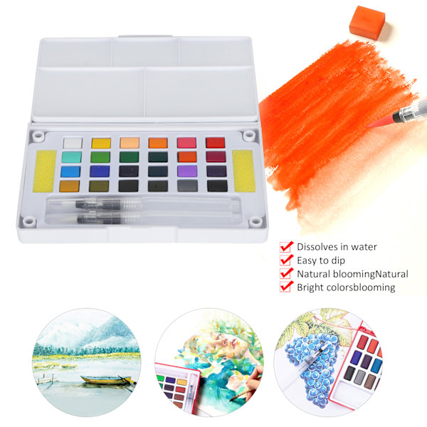 Vattenfärg Pigment Bärbar Ljus Färg Nybörjare Konstnär Vattenfärg Målarset med Penna 24 Färger