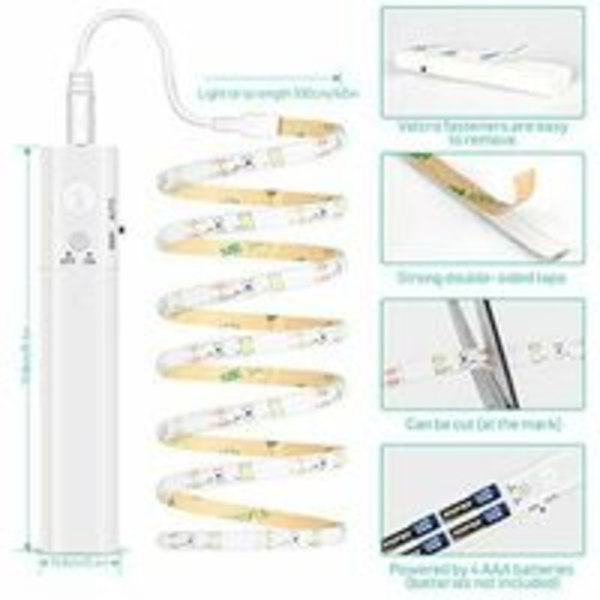 LED-remsa med rörelsesensor - 1M självhäftande batteridriven LED-remsa, IP65 vattentät LED-remsa, batteridriven LED-remsa, 6000K varmvit ljusremsa