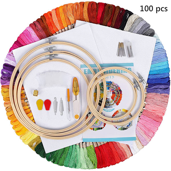 Broderikit, Broderikorsstygnsverktygssats, Broderistartkit inklusive 100 färgade trådar, 5 bambu broderiram
