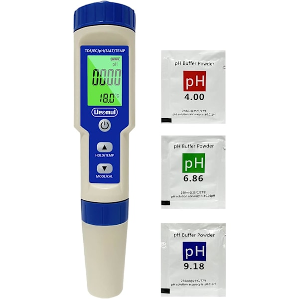 5 i 1 Elektronisk PH-mätare med TDS EC Salthalt Temperatur pH Multiparameter Testare Vattentät IP67 Hög Precision Vatten pH-mätare Automatisk