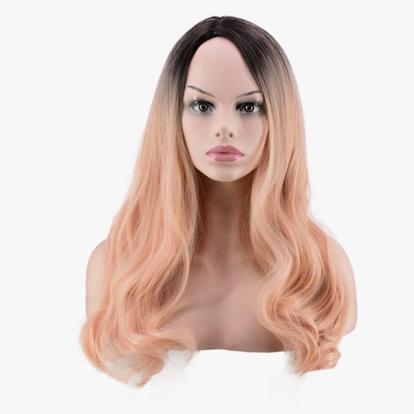 Peruk för kvinnor, gradientrosa, lång lockig syntetisk hår, värmebeständig, cosplay-peruk