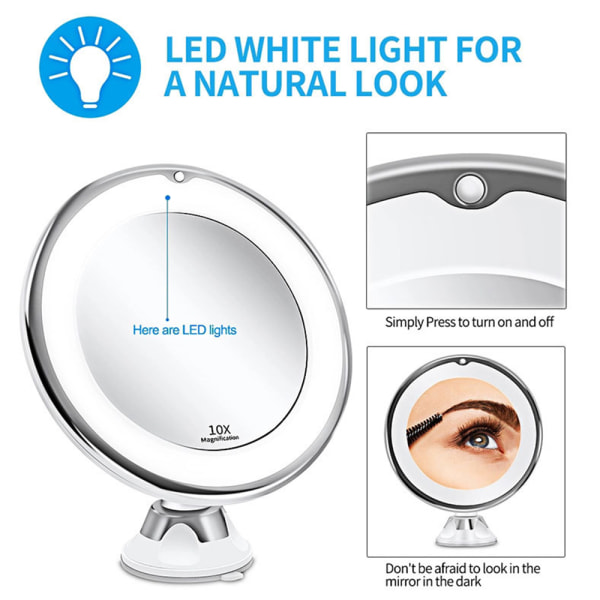 Sminkspegel LED upplyst med 10x förstoring, 360°