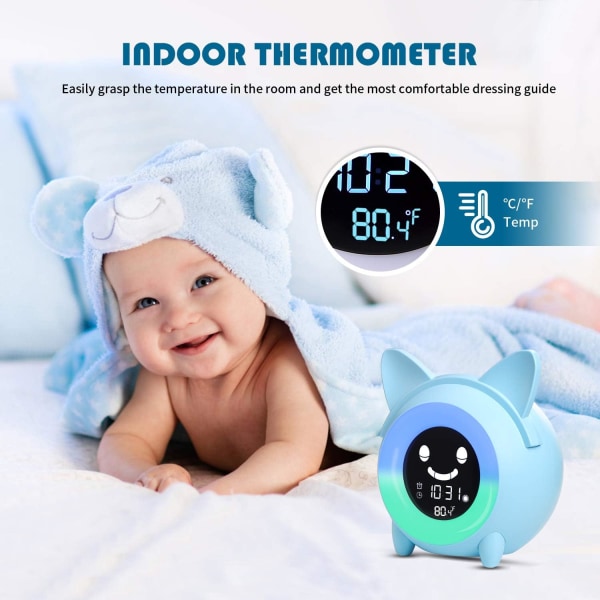 Väckarklocka för barn, Sömntränare för barn, Wake Up Clock i sovrummet Söt digital klocka med temperatur, 5 färger Smart Night Light Clock Teach Boys