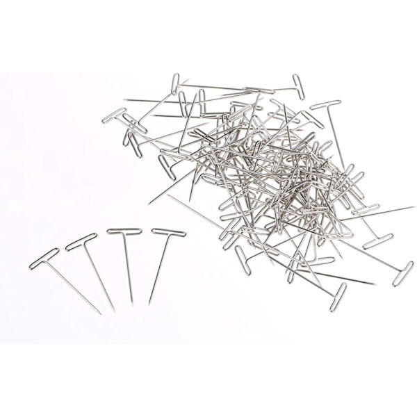 100 st 1 tum nickelpläterade stål T-stift silver T-formade stift för blockering stickning, modellering hantverk och kontor med plastbox.