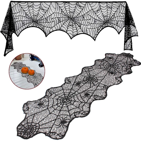 Halloween Spindlar Nät Eldstad Dekoration Svart Spets Spindlar Nät Matbord$Halloween Spets Spindlar Nät Fest Dekoration Duks$Halloween Spets Spindlar Nät