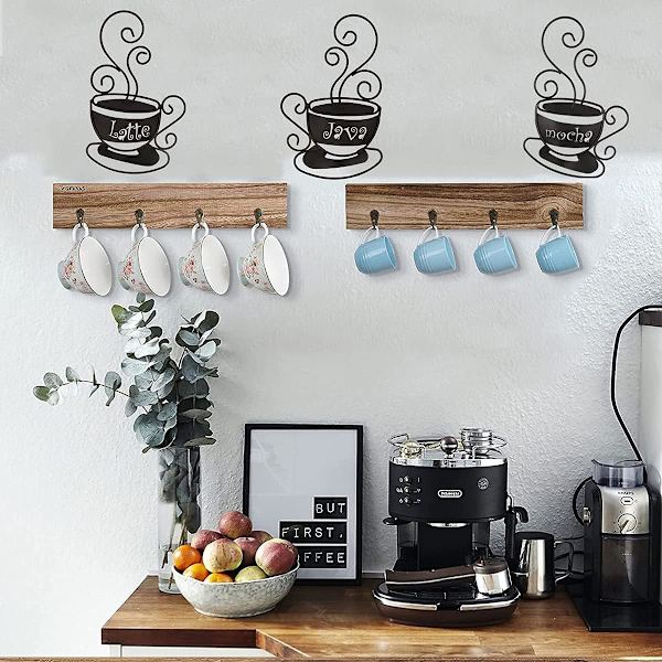 3-delad väggdekoration i metall med kaffekoppar och eleganta bokstäver \"Mocha\", \"Latte\" och \"Java\", väggkonst i metall för kök, kafé, tehus, restaurang