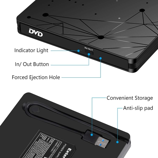 Extern DVD-enhet för bärbar dator, USB 3.0 bärbar optisk Slim CD/DVD-brännare spelare Drive Desktop PC