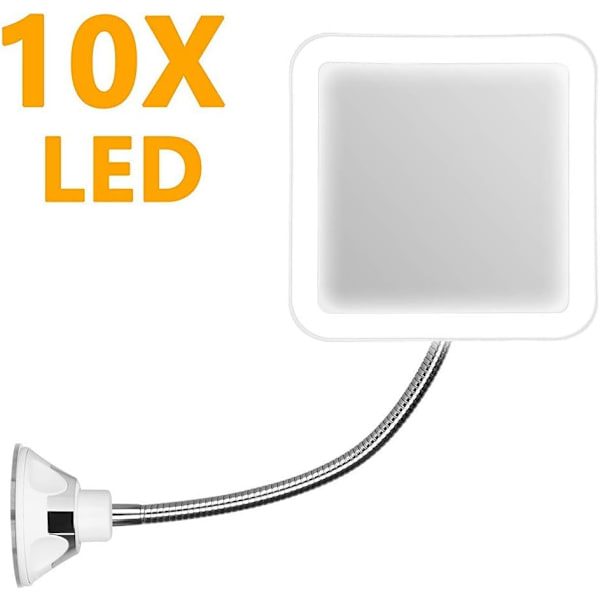 Förstorande spegel, 10x LED-upplyst spegel med stark sugkopp, flexibel svanhals och 360 graders vridbar för badrum och resor,