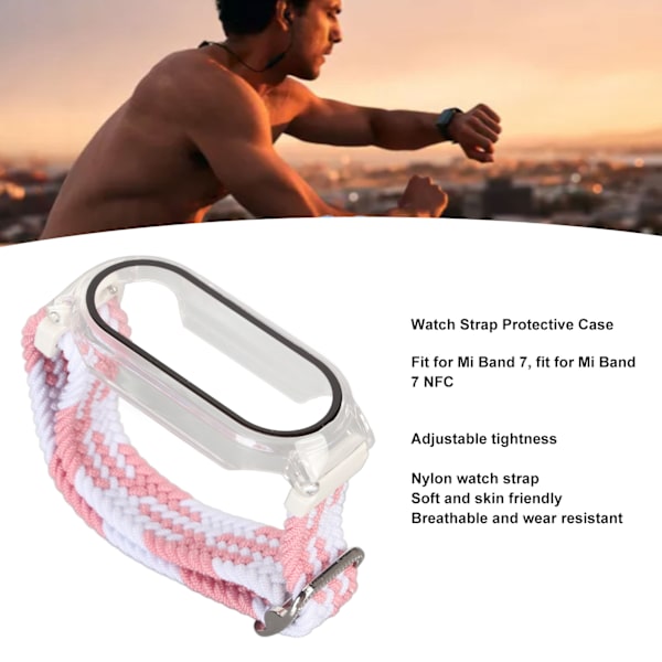 Mjuk nylonflätad klockarmband med stötfångarskydd skärmskyddsaccessoar passar för Mi Band 7 rosa vit och transparent fodral
