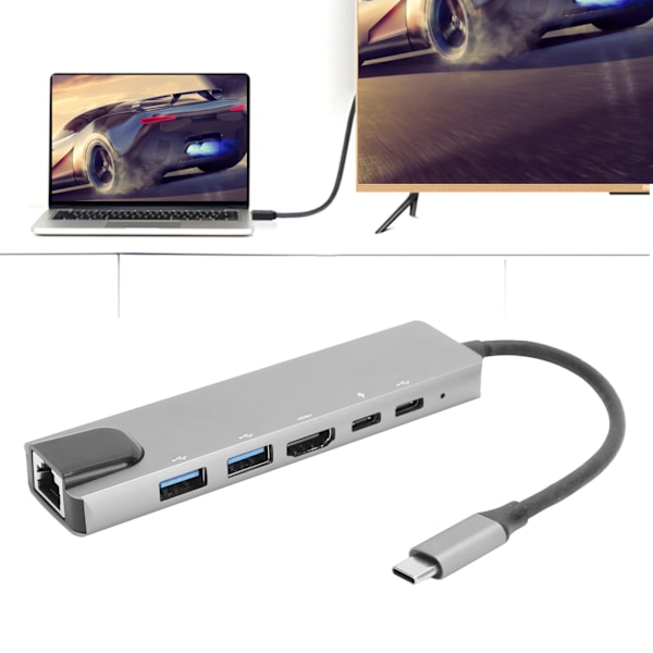 6-i-1 Typ-C Dockningsstation Typ-C till PD/HDMI/RJ45/USB3.0 Kabeladapter Konverterare