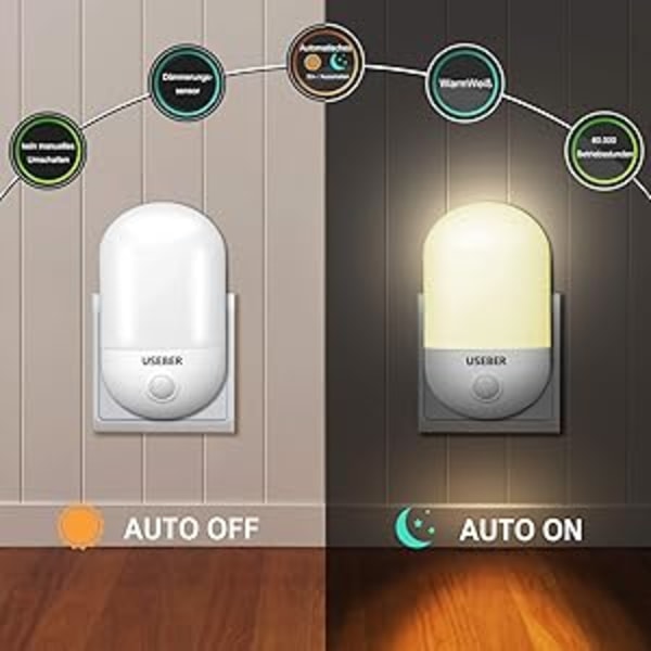 Automatisk Nattlampa med Skymningssensor, Energibesparande för Hallar Badrum (2-Pack)