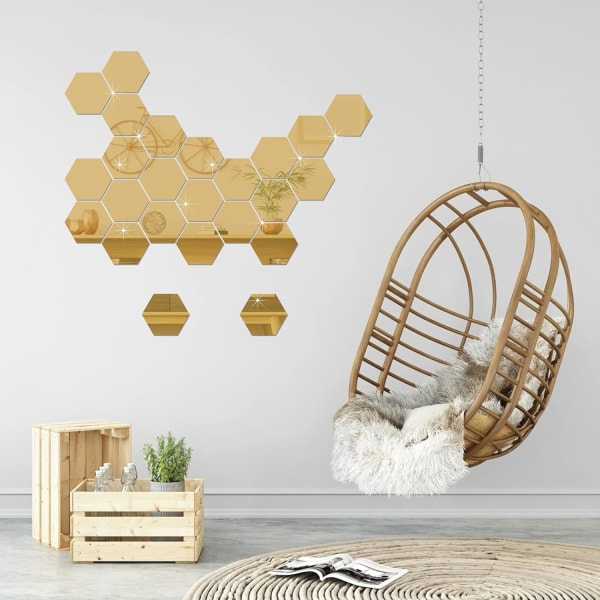 Spegelväggsdekal - Guld, 24 st gyllene avtagbara spegeldekaler DIY akrylväggdekoration spegelplatta hexagon spegelväggsdekal vardagsrum