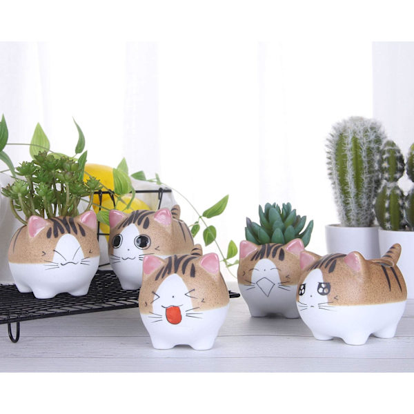 Original Design Handgjorda Mini Söta Tecknade Keramik Succulent Krukor Planteringskärl Katt, med Dräneringshål, Blomkruka, Keramiska Prydnader Kattgåvor för Katt