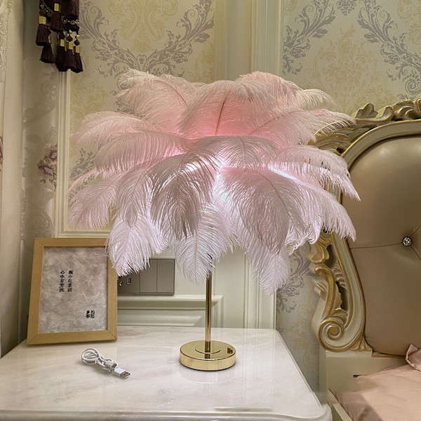 Strutsfjäder Bordslampa Uppladdningsbar Modern Romantisk Dekorationslampa Sovrum Sänglampa för Heminredning Rosa