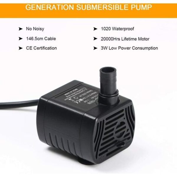 Nedsänkbar vattenpump, akvariepump justerbar 200L/H 3W ultratyst Catit USB-pump för damm fisk tank fontän fisk tank 1,4 m sladd thsinde