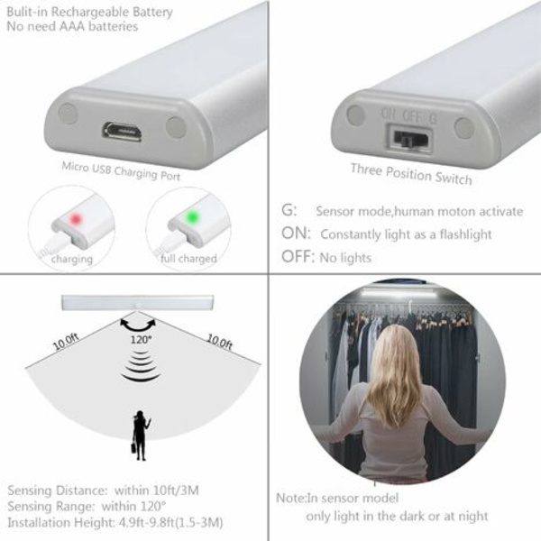 10 LED-lampor, trådlösa, USB-laddningsbara, magnetiserade, rörelsesensor, bärbara. Skåpsbelysning, bärbar nödbelysning, nattlampa för barn,