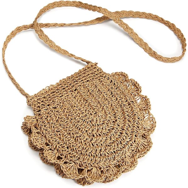 Halm Crossbody-väska, Dam Axelväska Retro Svampsnör Halmväska Casual Vävd Väska Kvinnor Axel Slung Strandväska Handväska(Ljusbrun)